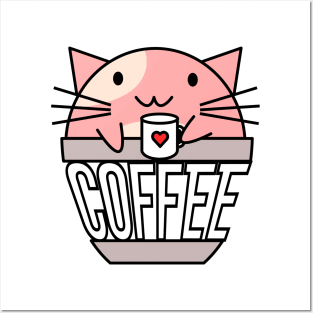 Cat in coffee cup with warped text holding coffee cup with heart pink and white Posters and Art